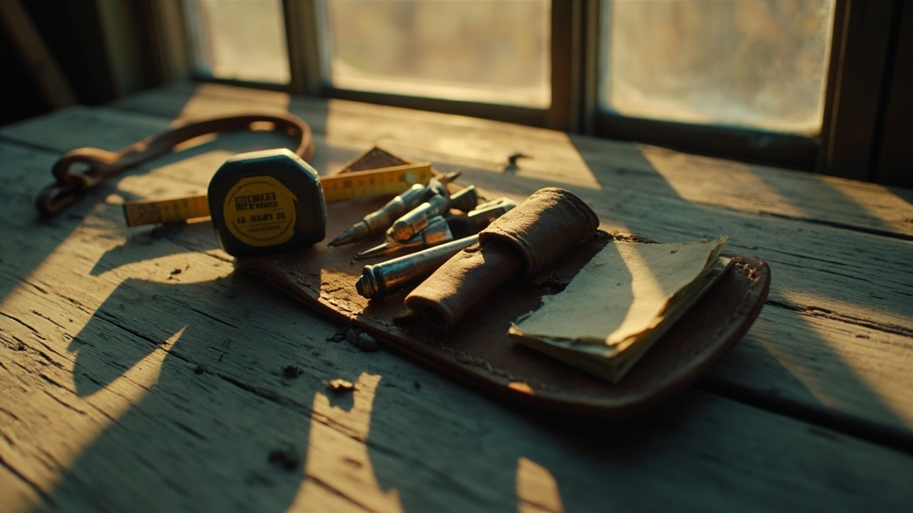 Tape measure, tools, and a leather-bound notebook on a shop workbench, lit by warm afternoon light